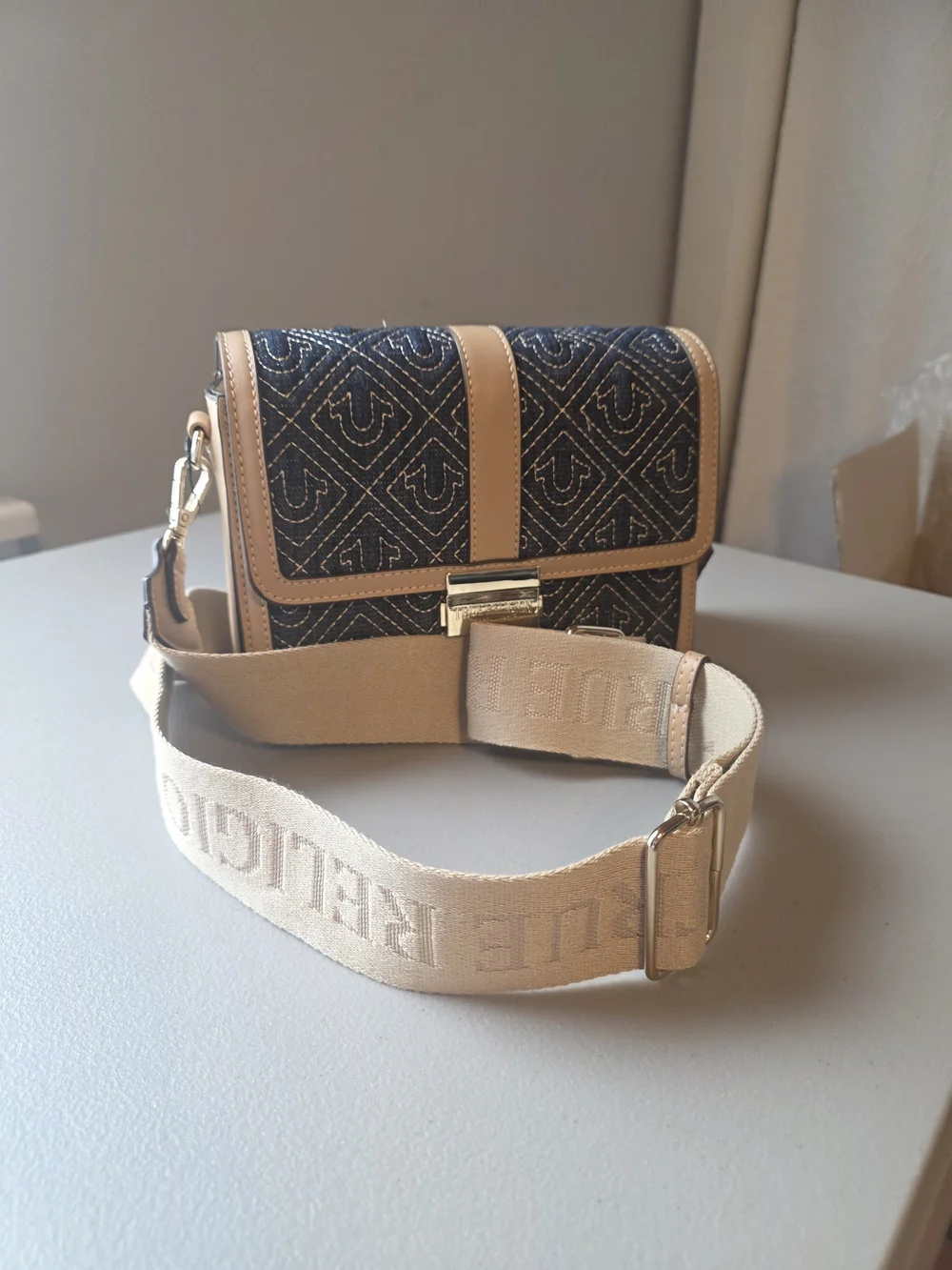 True Religion Tan and Dark Denim Crossbody Bag with Wide Strap